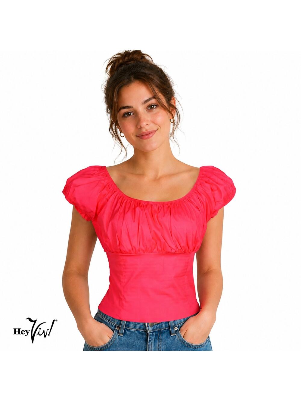 Hot Pink Peasant Blouse Top On/Off Shoulder Smocked Back Retro Size M - Hey Viv